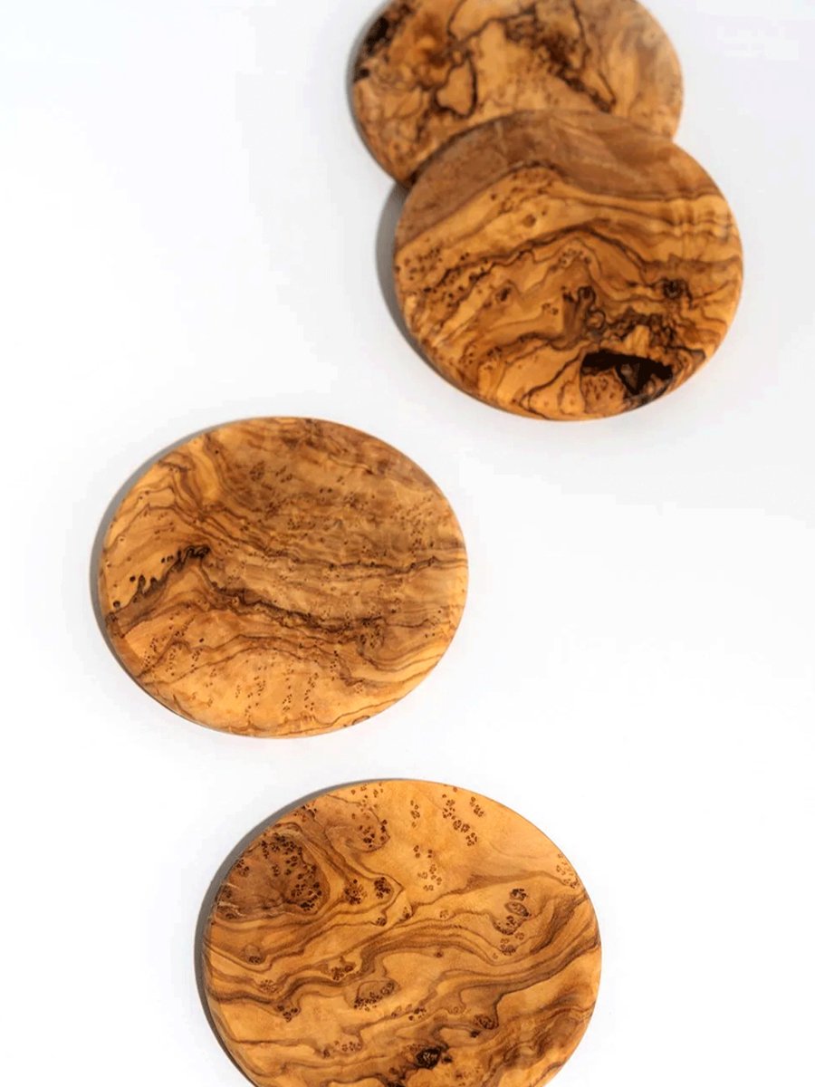 Olive Wood Round Coasters - Set of 4 - Laser Art MTL